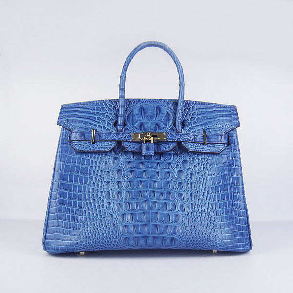 High Quality Fake Hermes Birkin 35CM Crocodile Head Veins Leather Bag Dark Blue 6089